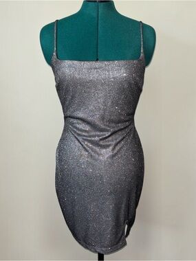Q USA Silver Glitter Shimmer Mini Dress Spaghetti Strap Bodycon Side Slit Size L